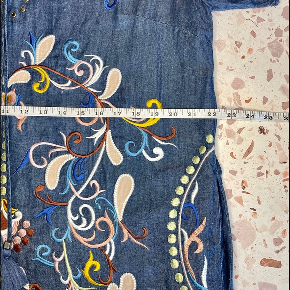 Philosophy Embroidered Denim Dress with Drawstring, Large - Picture 5 of 7